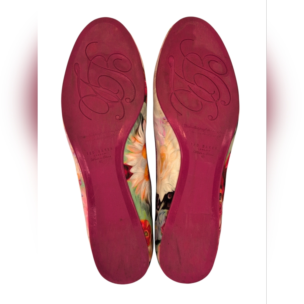 Ted Baker London IMME 2 Sz 9  Vibrant Floral Pink Ballet Flats Rosegold Bows - Picture 16 of 17